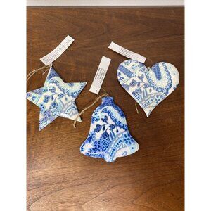 New Ballard Designs Holiday Ornaments Blue White Bell Heart Star Set 3 Christmas